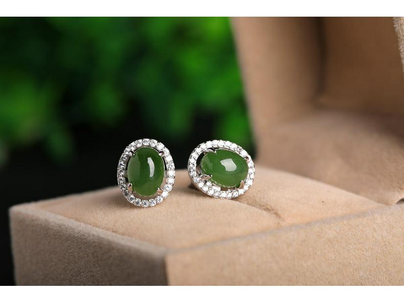 925 Sterling Silver Hetian Jade Stud Earrings with Certificate - Simple Ancient Hanfu Cheongsam Style White Jade Earrings