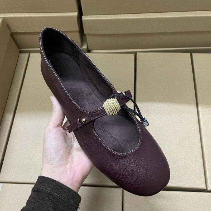 Retro Style Round Toe Women Mary Jane Shoes Metal Buckle Strap Comfortable Soft Bottom Burgundy Leather Daily Female Flats