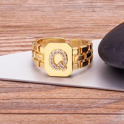 New Arrival Fashion Gold Color Initial Ring Open Design Adjustable Hot Sale Watchband Chain A-Z Letters Zircon Rings For Women