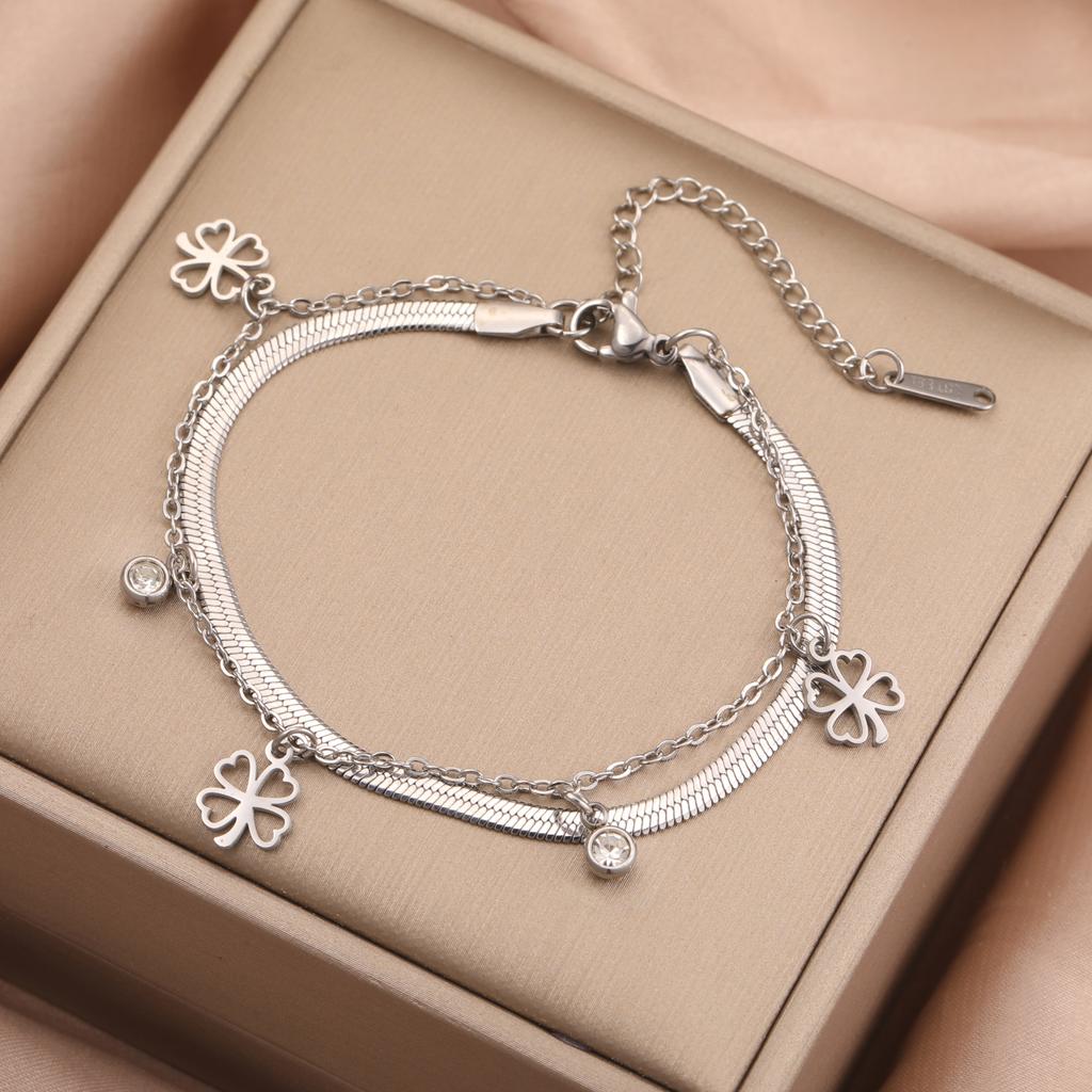 Four Leaf Clover Crystal Charm Bracelet Women's Double Layer Snake Chain Bracelets Lucky Stainless Steel Jewelry