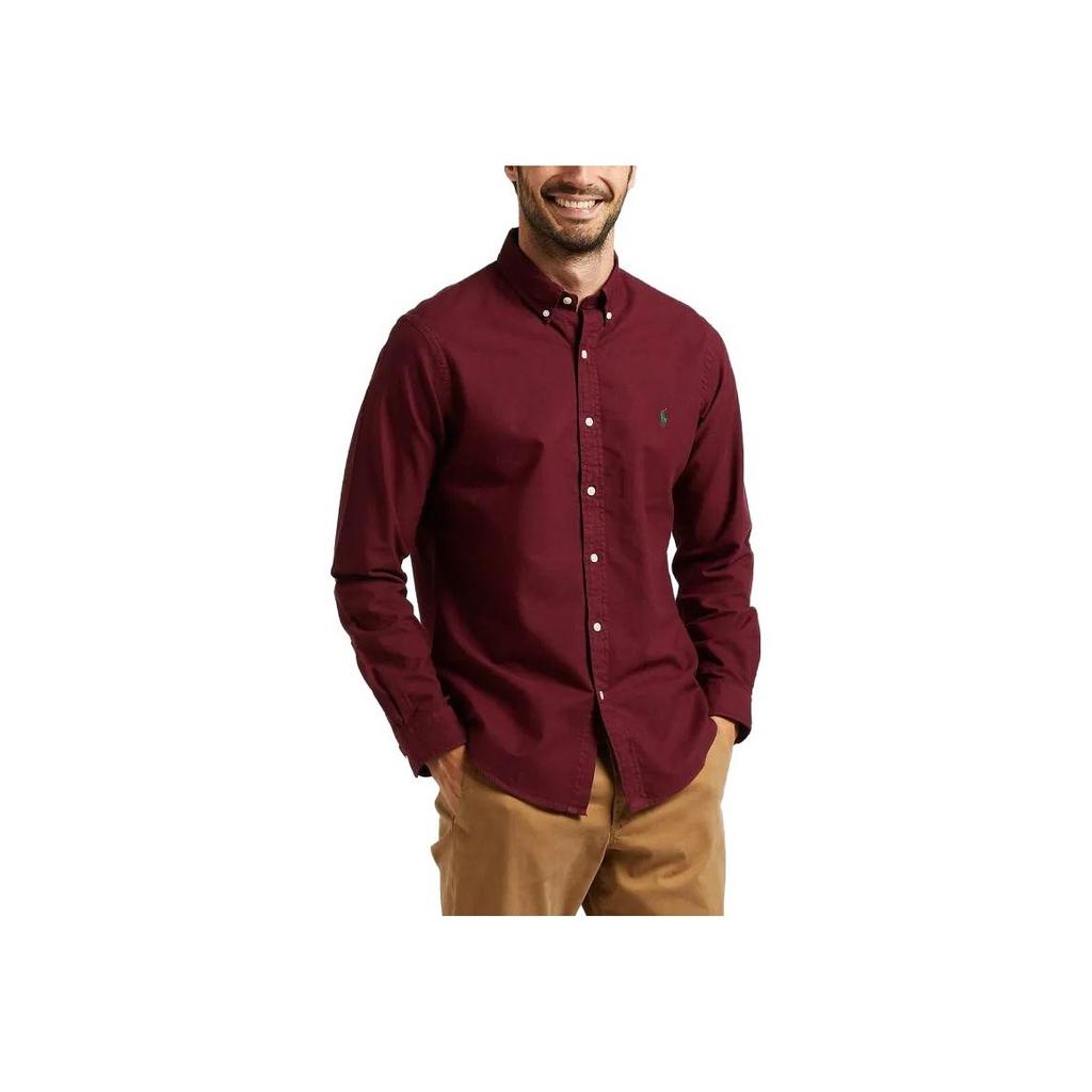 Polo Ralph Lauren Solid Color Brand Logo Embroidered Long Sleeve Shirt Men shirts Burgundy 710804257-041
