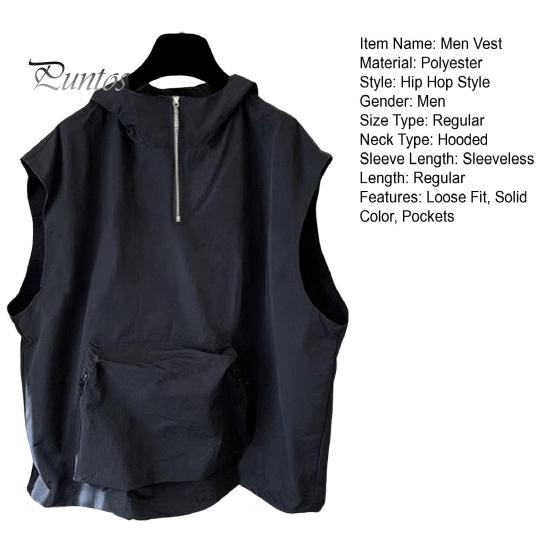 Men Summer Vest Hooded Zipper Half Placket Sleeveless Hip Hop Style Vest Jacket Solid Color Quick-Drying Large Pockets Waistcoat