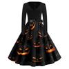 Women's Vintage V-Neck Dress with Halloween Print for Casual Fall Outings
