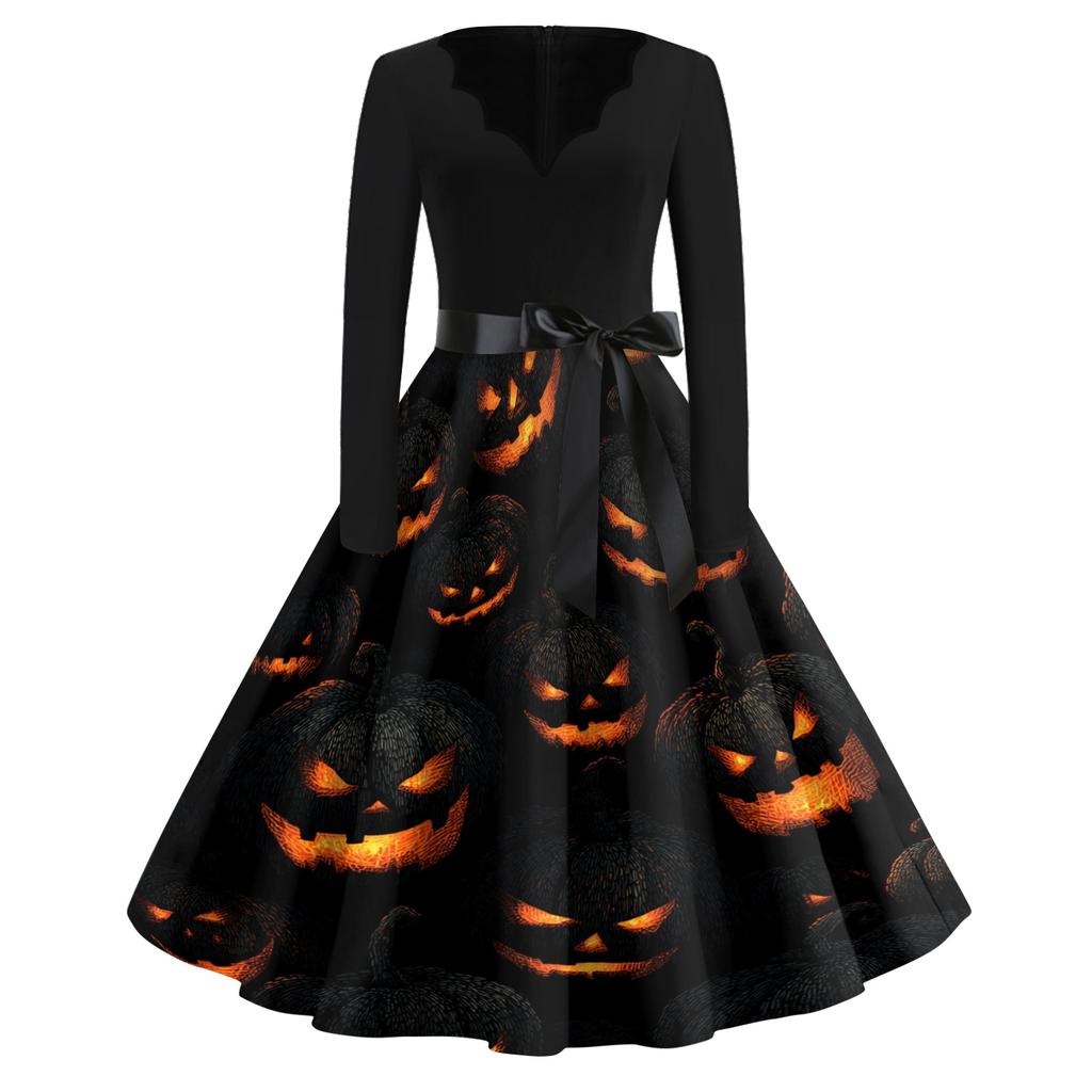 Women's Vintage V-Neck Dress with Halloween Print for Casual Fall Outings