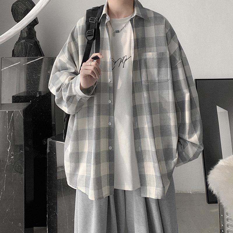 Herrskjorta i rutigt mönster i koreansk stil, Vår 2021 - Tonåring Långärmad, Lös passform, Trendig jacka
