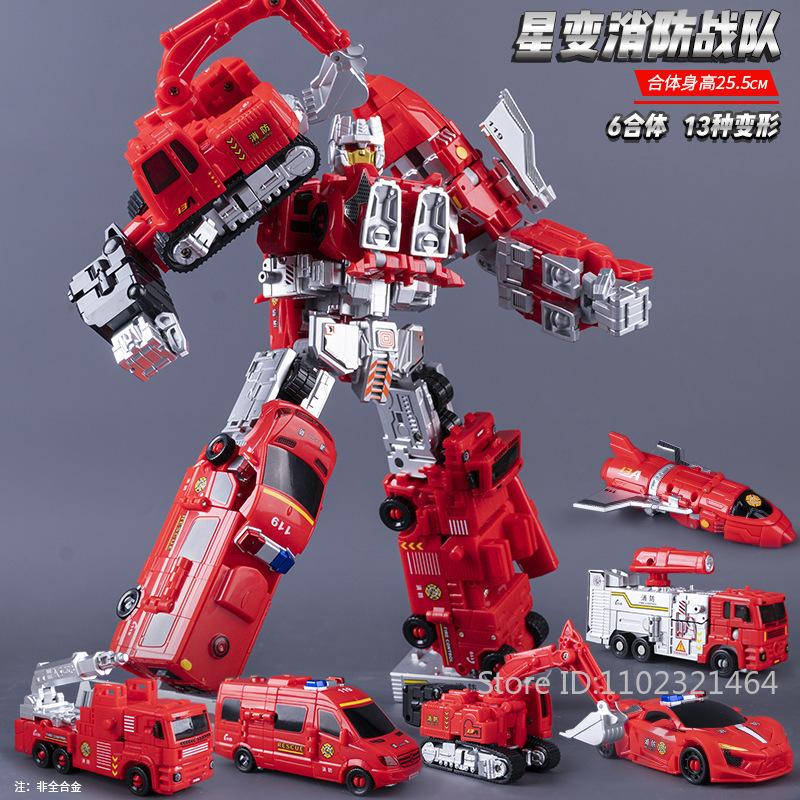 Disponibile Camion dei Pompieri Squadra di Trasformazione Combinato 6 in 1 Figura Trasformazione Action Figure Modello Robot Edizione in Lega Giocattolo Regalo