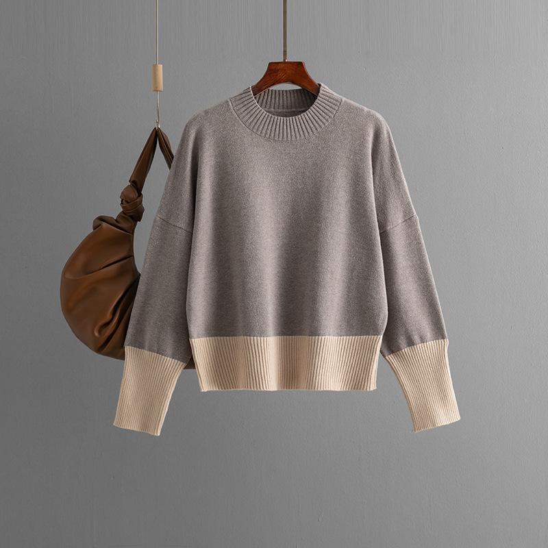 2024 Autumn/Winter Women's Color Block Knit Sweater - Round Neck & Loose Fit, European/American Style
