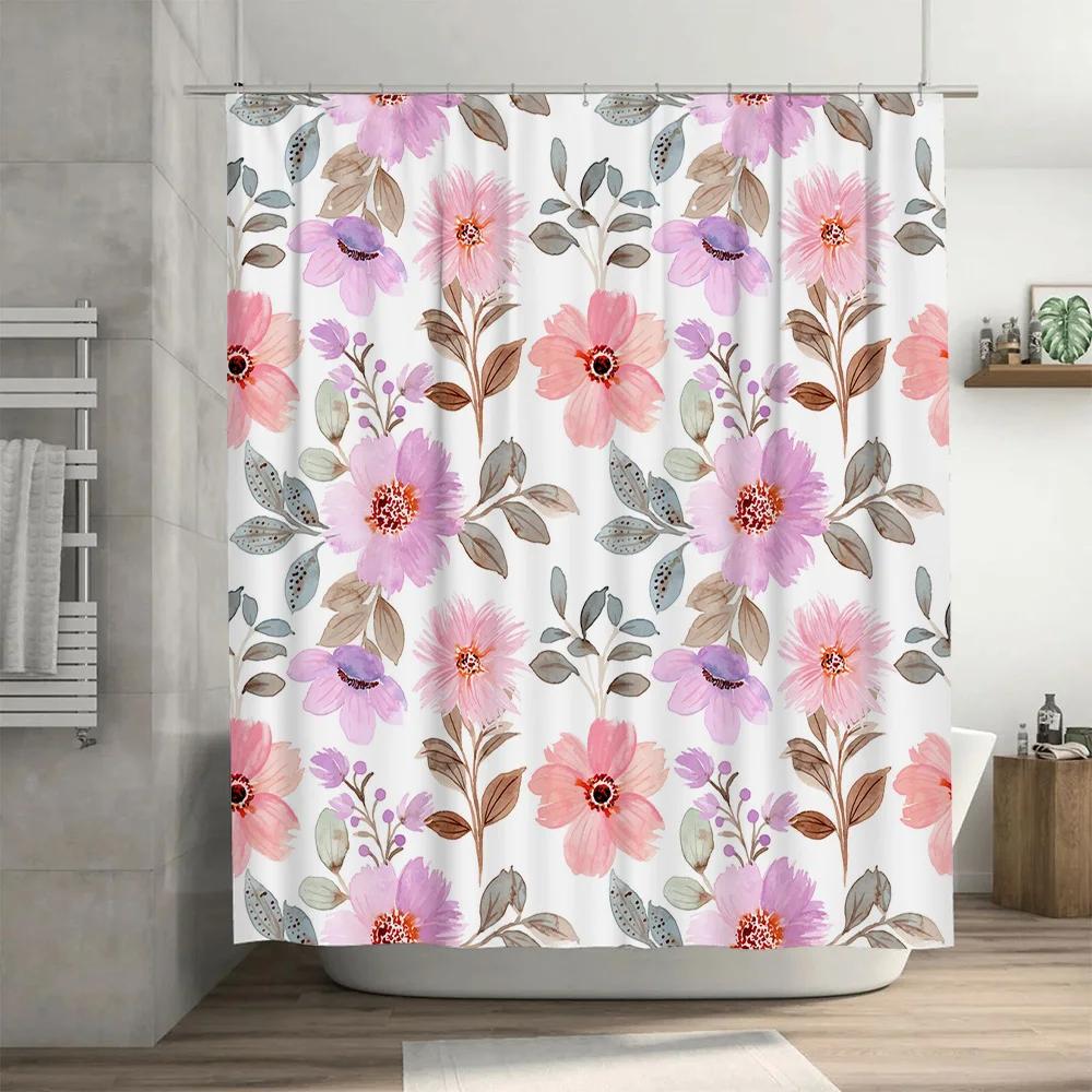 Beautiful Floral Shower Curtain with Pink Flowers Modern Bathroom Decor for Home or Hotel Use
