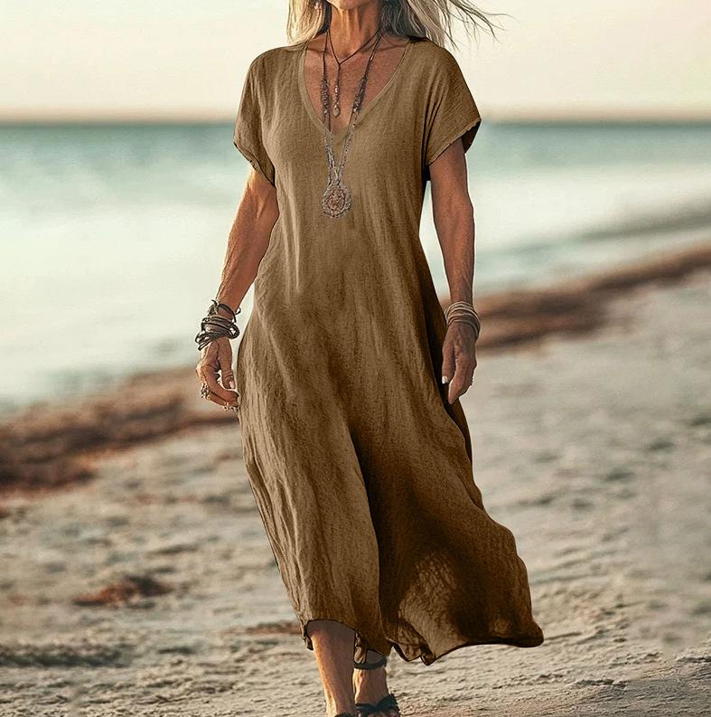 Abito Lungo da Donna con Scollo a V, Manica Corta, Texture Lino, Vestibilità Ampia, Multicolore