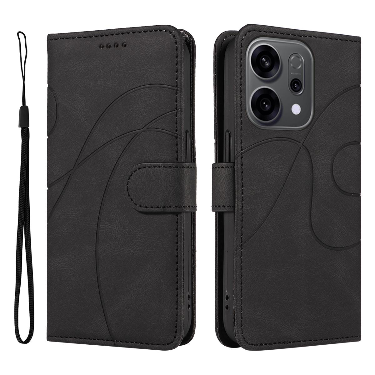 

For Oppo Reno14 5G (China)/Oppo Reno14 F 5G/Oppo Reno14 5G (Global) Wallet Case Leather Phone Cover Stand with Curved Line Design Black