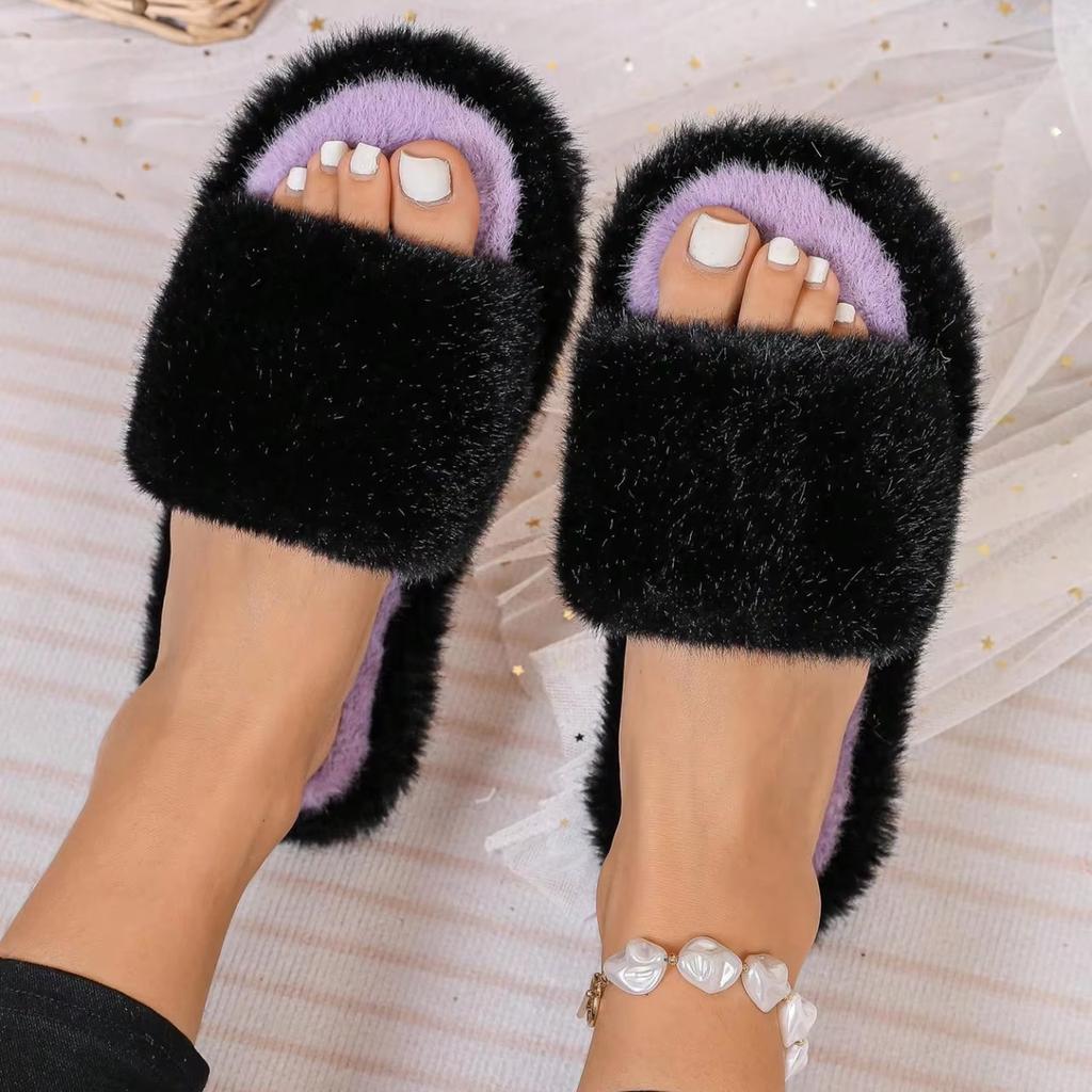 Sladké Klasické Dámské Pantofle Ležérní Plochý Nízký Podpatek Základní Boty Žena Jednobarevné Kožešinové Krátký Plyš Nazouvací Zimní Nazouváky Plus Size