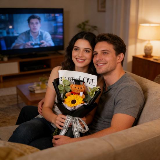 Studentgosedjurshjärte Virkad Solrosbukett Handstickad Garn Konstgjord Blomma med Studentgosedjur Dekoration Studentfest Presenter