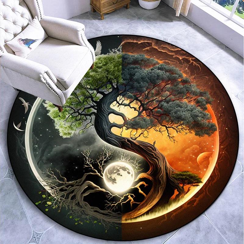 Luxury Sakura Goldfish Dragon Lion Cat Tree Design Carpet Mat Round Machine Washable Rug for Living Room Rugs for Bedroom