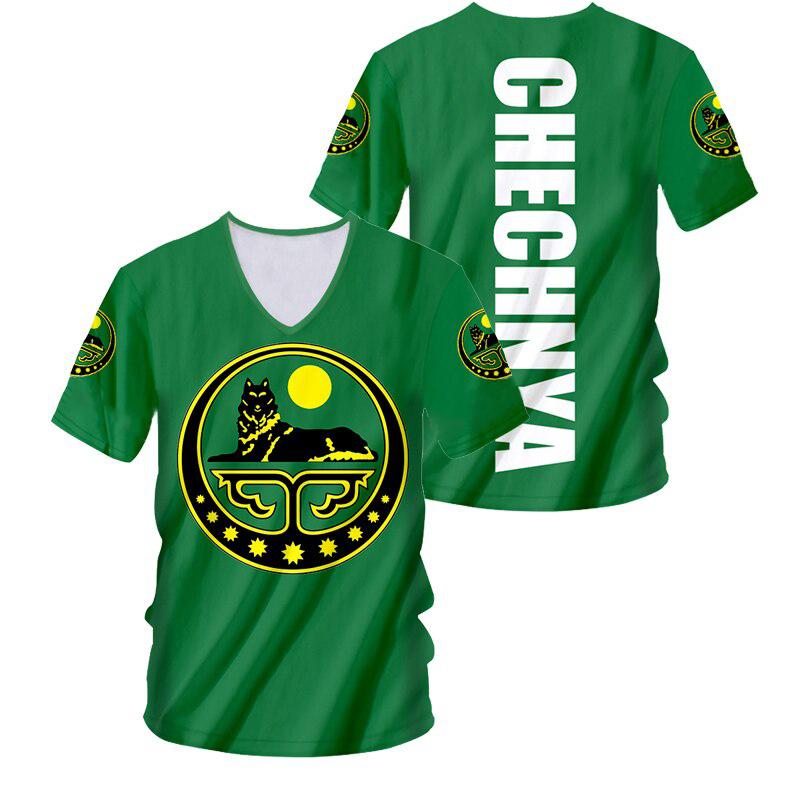 Summer Russia Chechnya T-Shirts Wolf Flag Chechens 3D Print Men Women Fashion Short Sleeve V-Neck T Shirt Man Tees Tops Clothing