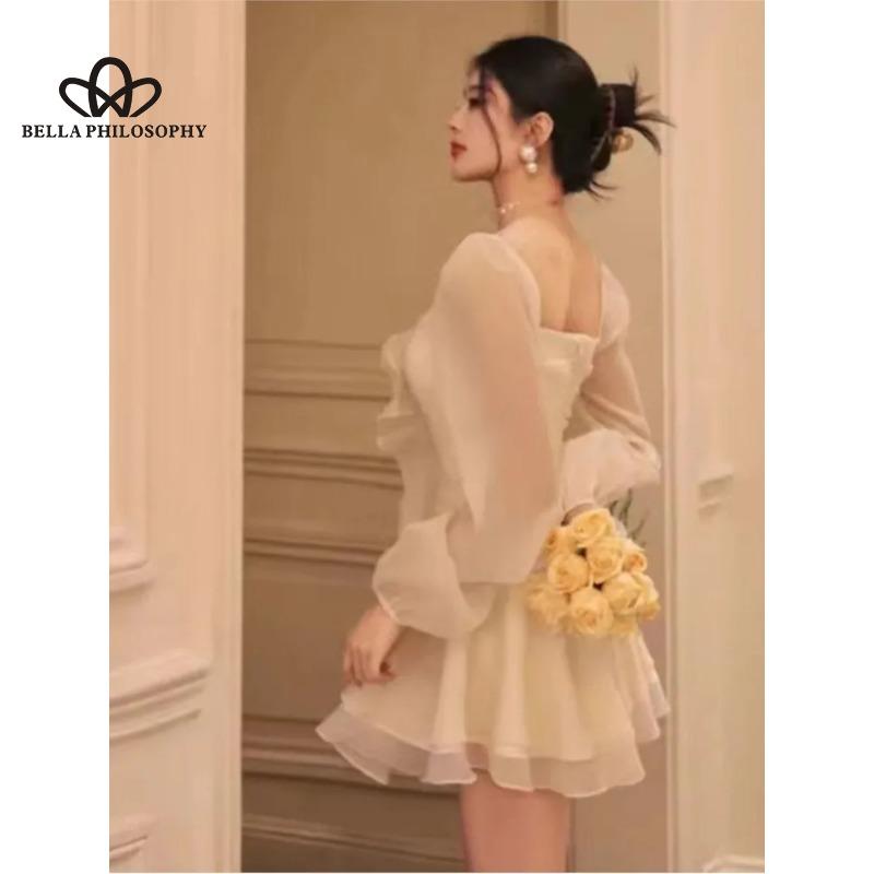 Francouzský styl Síťovaný čtvercový límec s dlouhým rukávem Elegantní Jemný upnutý pas Krátké šaty s volánky s vysokým pasem