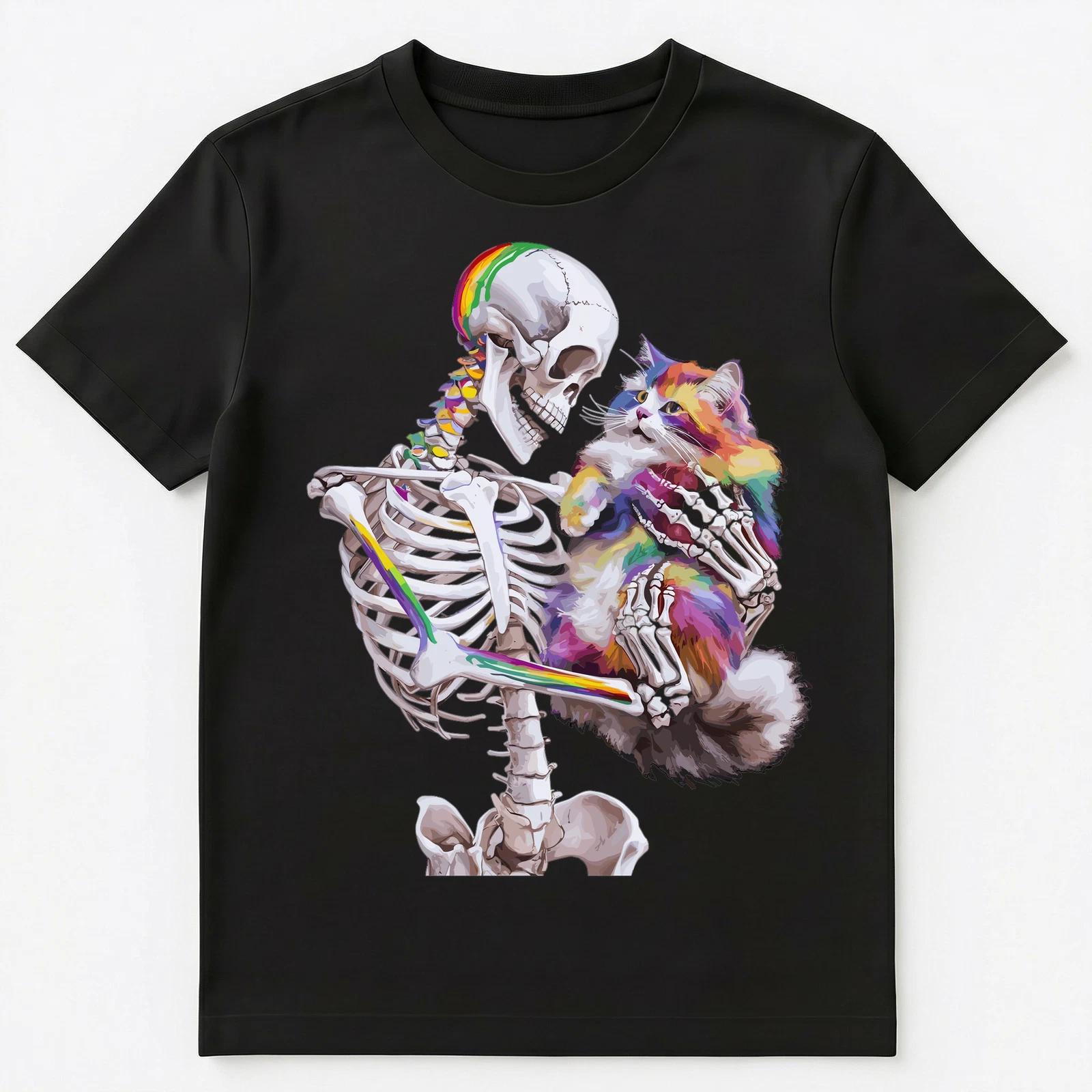

Colorful Paint Splash Cat And Skeleton Art Graphic Unisex T-Shirt L