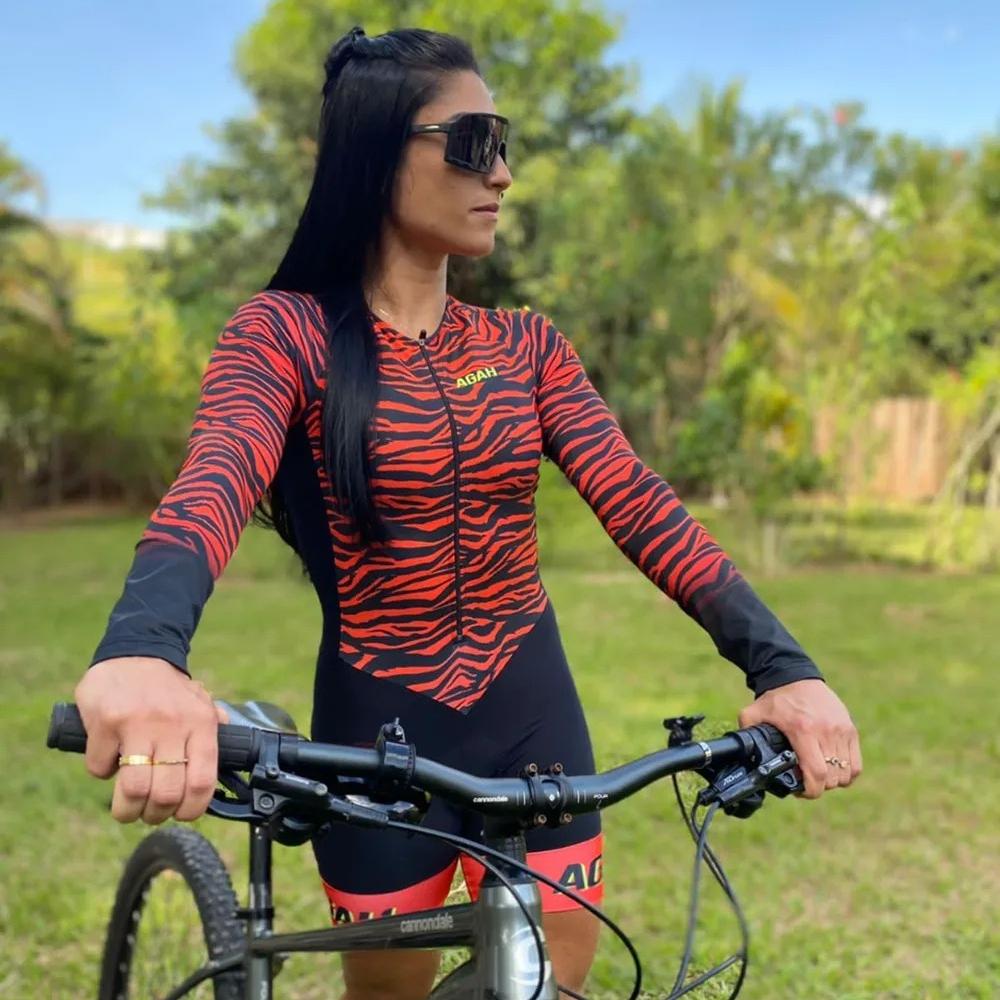 Women's Cycling Clothing Summer Long Sleeve Little Monkey,Female Cyclist Outfit with Gel,Lycra Bike Jumpsuit Jersey P