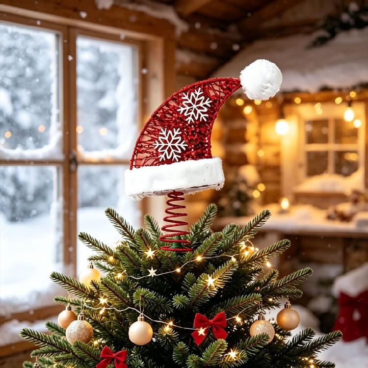 Coil Base Christmas Tree Accent, Metal Santa Hat Decoration with Simple Placement, Red Shine, Two Winter Motifs, White Trim, and Ball Detail