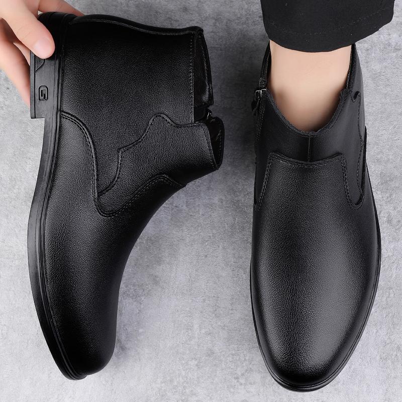 Fashion Genuine Leather Male Basic Boots Side Zipper Men Shoes All-match Men High Top Outdoor Shoes Fashion Men Winter Plush Snow Boots