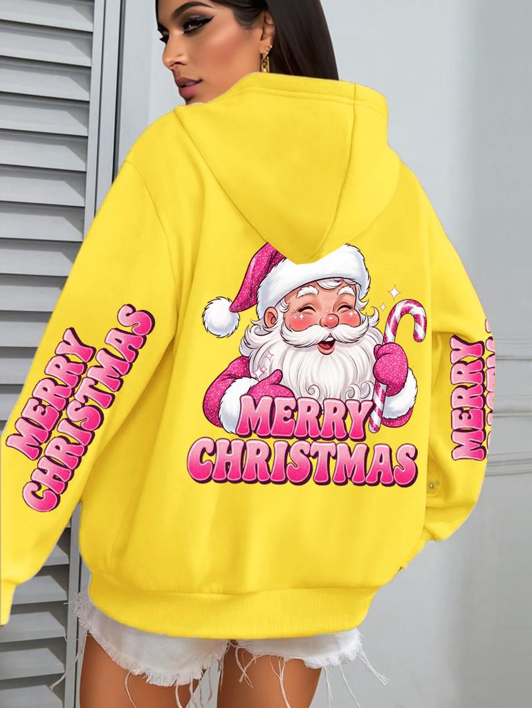 Merry Christmas Pink Santa Claus Printed Hoodies Women Pocket Fleece Hoodie Autumn Multicolor Sportswear Hip Hop Loose Clothes
