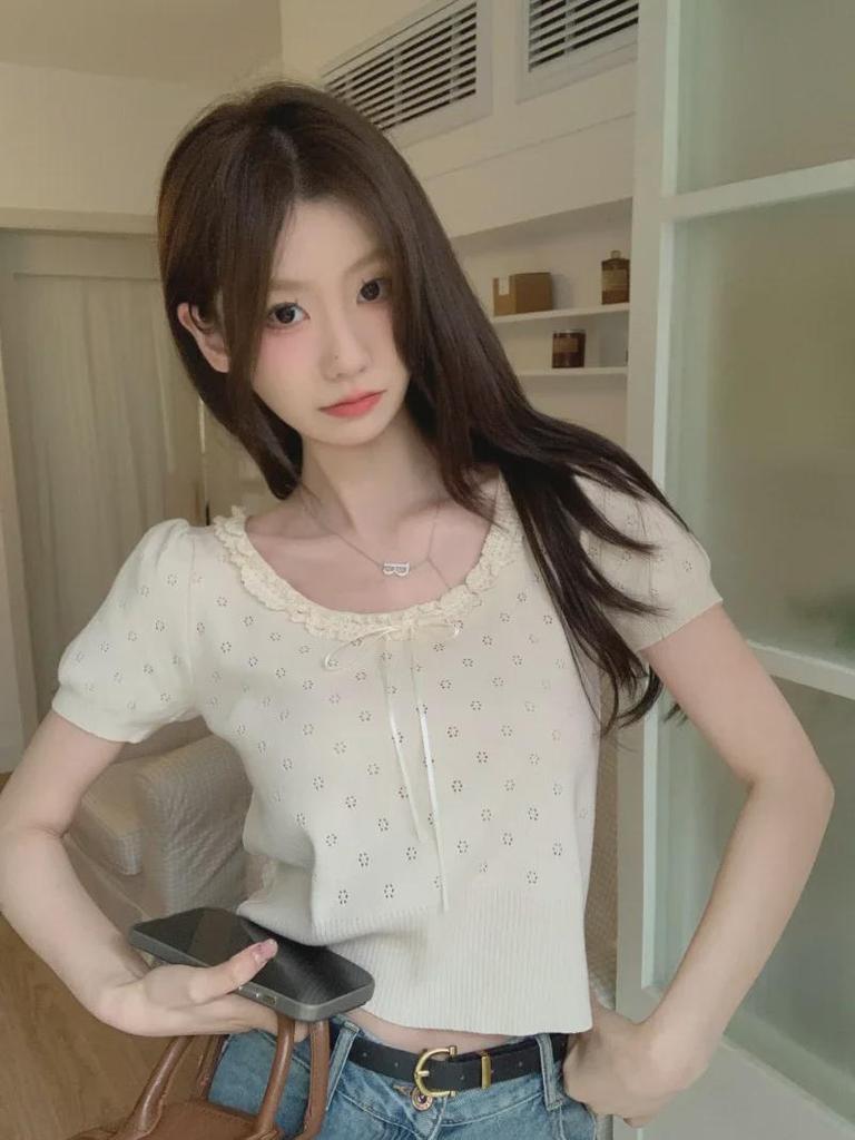 2024 Summer Lace Bow Knitted Short Sleeve T-Shirt - Women's Slim Fit Sweet Student Top