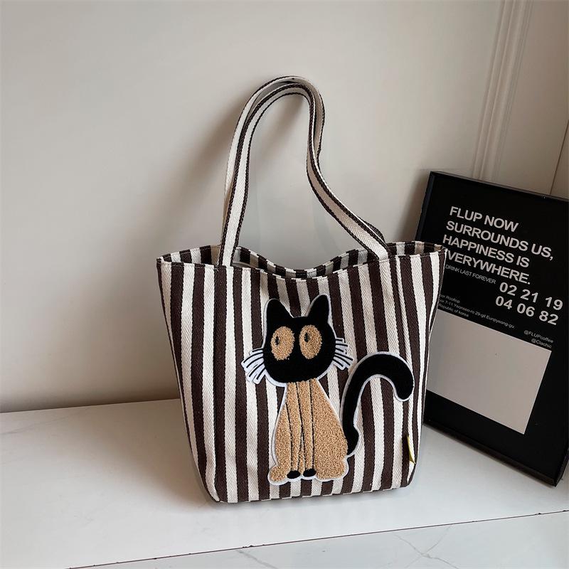 

Корейская полосатая мультяшная холщовая сумка с шенилловой вышивкой - Большая вместимость, милая модная сумка-тоут для девочки кофейный