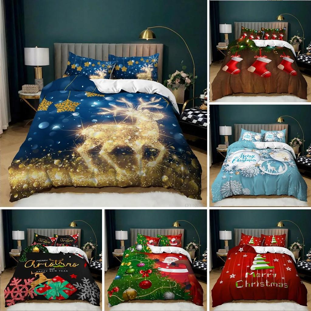 Christmas Deer Duvet Cover Santa Claus Bedding Set Full Queen Microfiber Comforter Cover With Pillowcases For Boys Girls Gifts
