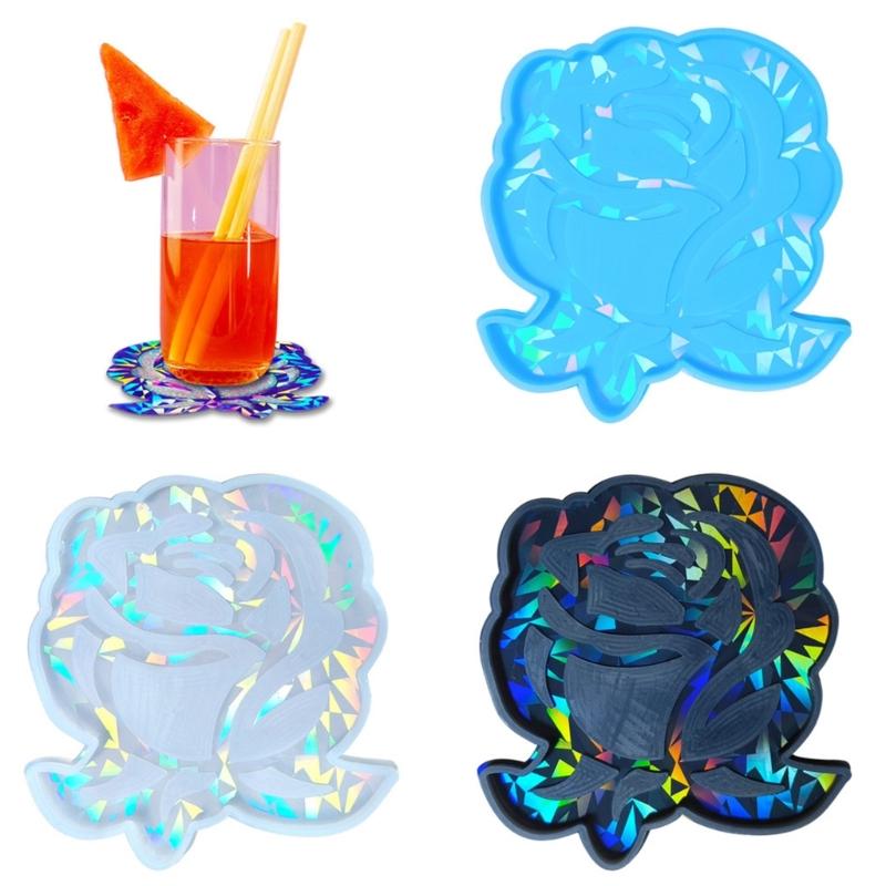 Silicone Resin Coaster Molds Holographic Cup Mat Epoxy Mold DIY Rose Flower Home Ornament Drink Mat Mold Craft Tool