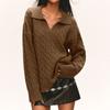 Women's Fashion Casual Loose Lazy Style Cable Lapel  Pullover Long Sleeve Knit Sweater