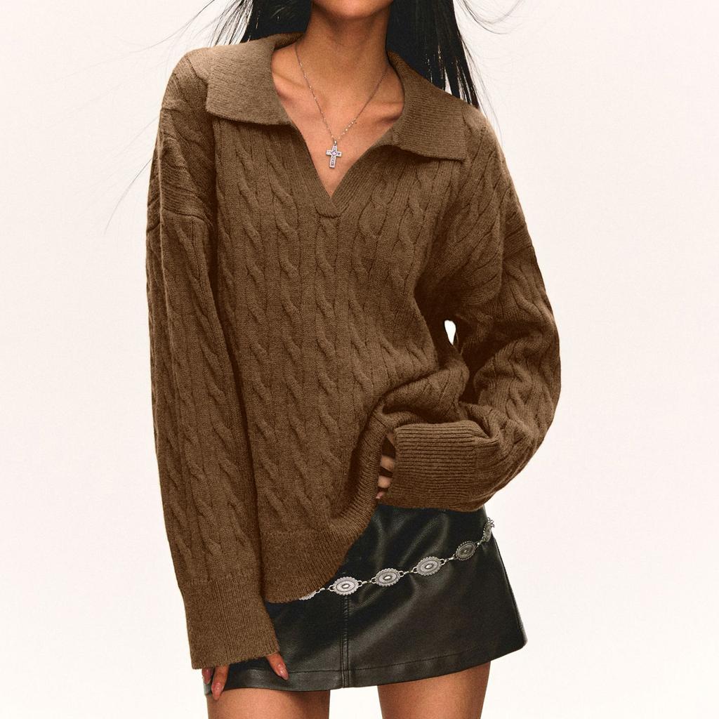 Women's Fashion Casual Loose Lazy Style Cable Lapel  Pullover Long Sleeve Knit Sweater