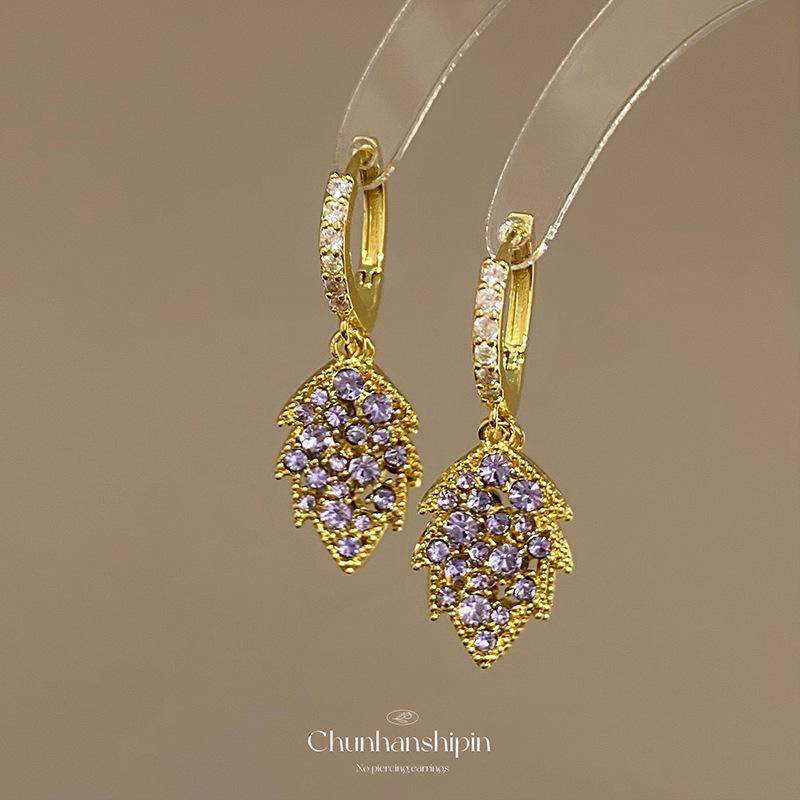 Super fairy purple diamond leaves ear buckle women s fashion temperament earrings advanced sense no ear piercing ear clips exquisite and versatile