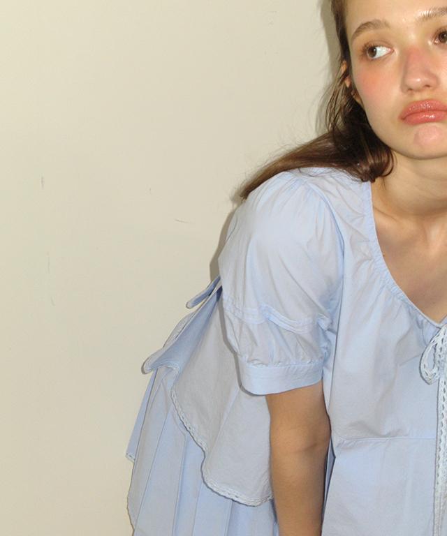 RONRON Ribbon Tie Pleated Peplum Blouse Soft Blue
