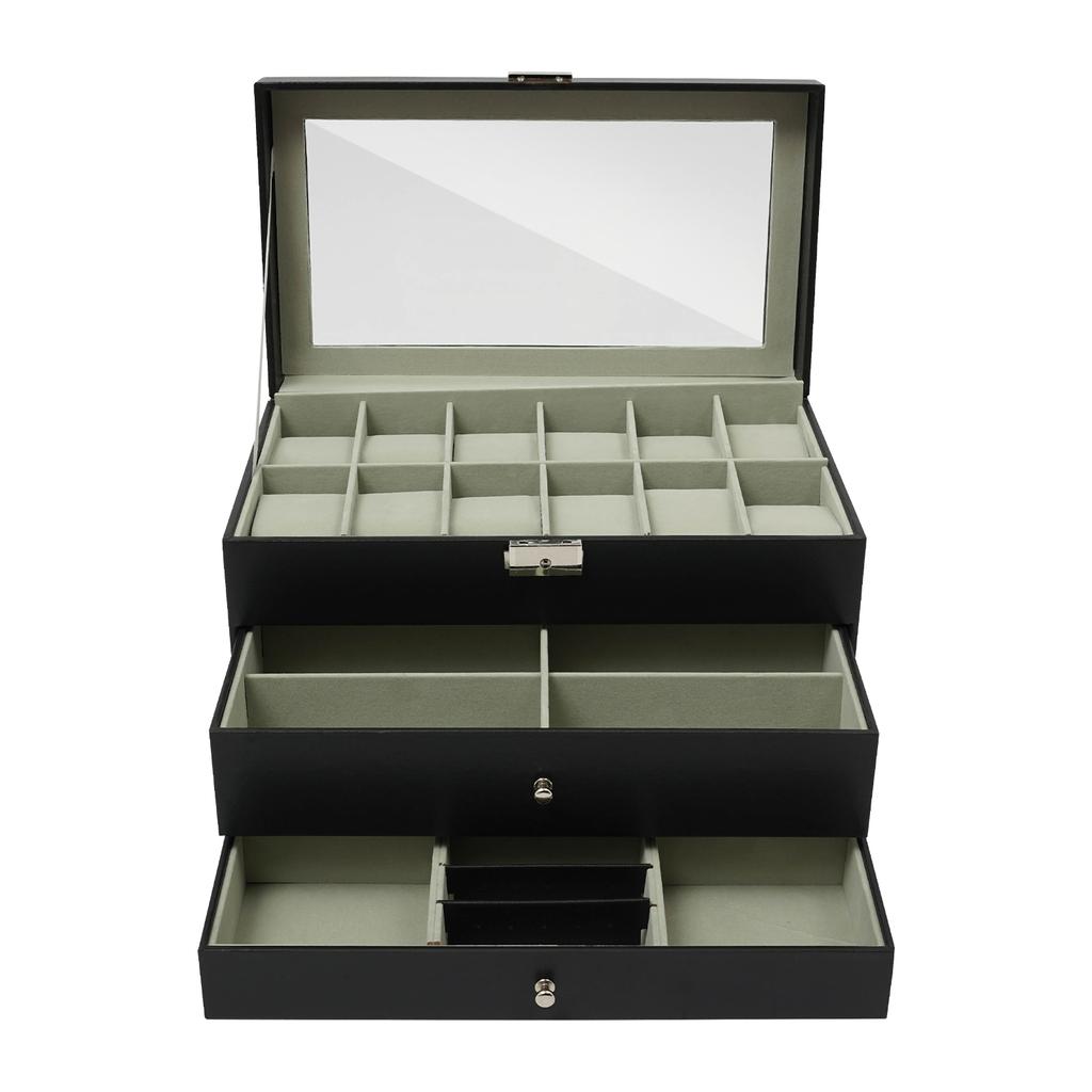 12-Slot Watch Box Case 3 Layers Watch Holder Organizer Display with 2 Velvet Drawer for Rings Bracelets Gifts For Birthday Black