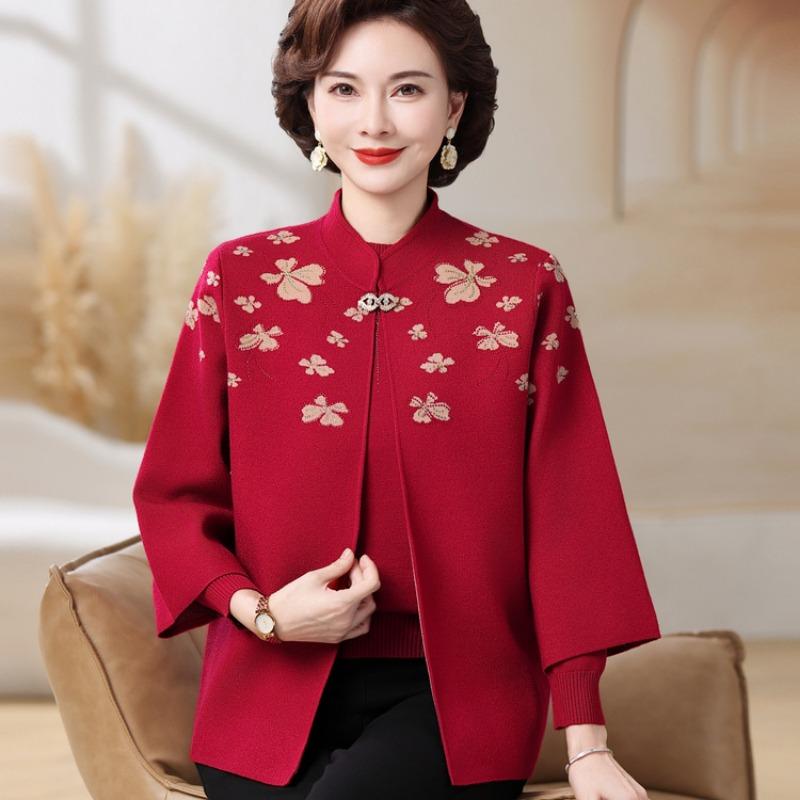 Middle-aged and Elderly Women's Clothing Autumn and Winter Sweater Cardigan Jacket New Year Mother Spring and Autumn New Knitted Two-piece Suit
