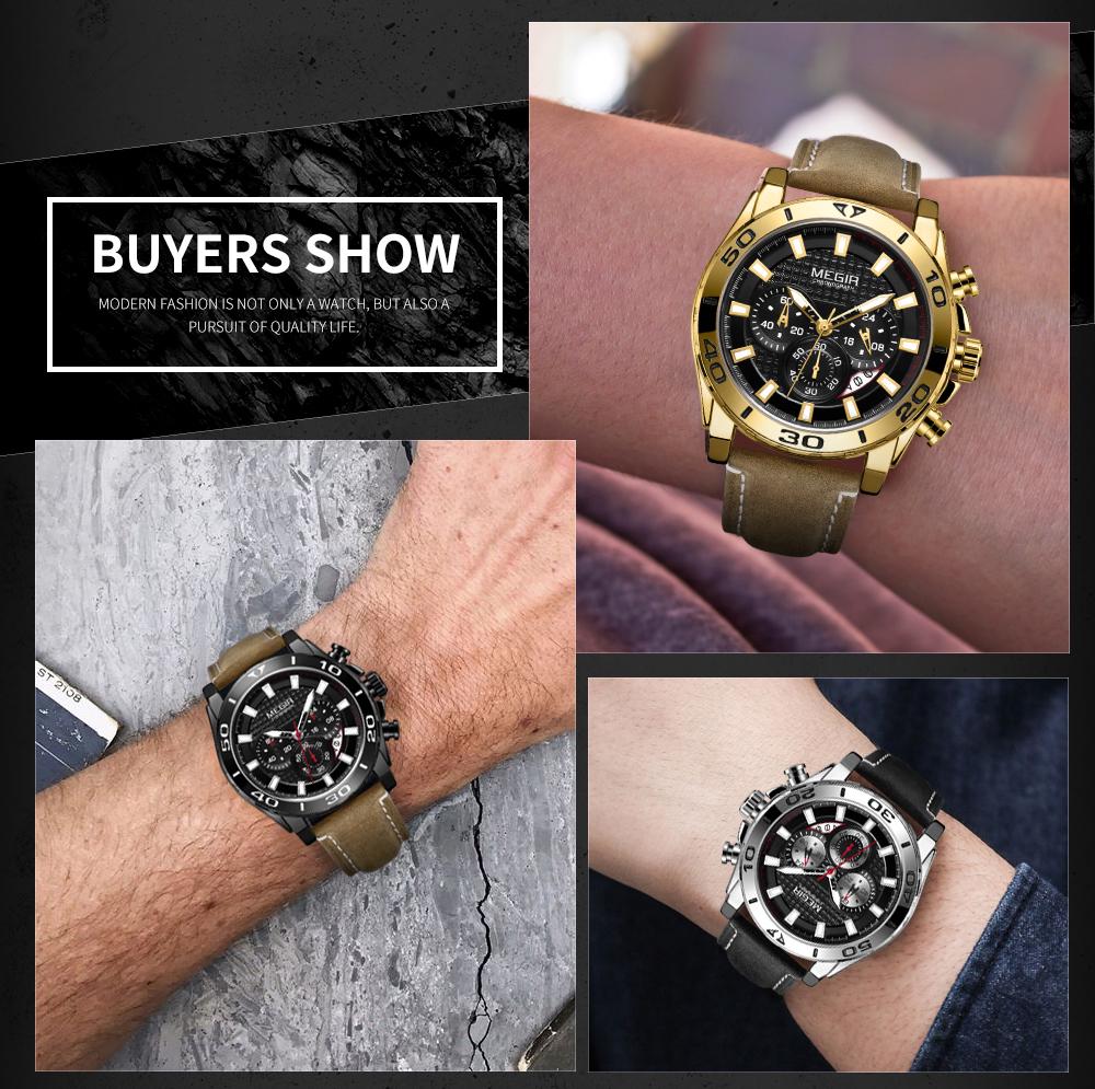 Men's Chronograph Quartz Sport Watch Waterproof Wristwatch with Leather Strap Rotating Bezel Alloy Case and Date Window