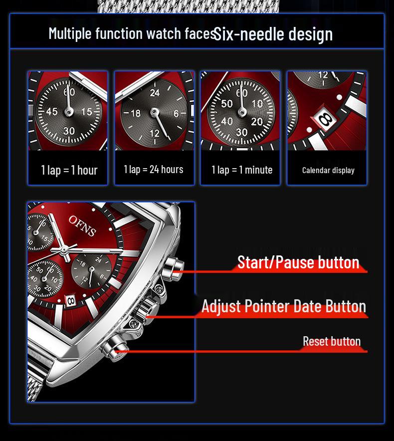 Ofns Classic Six-Hand Chronograph Men's Sports Watch, 30M Waterproof Quartz
