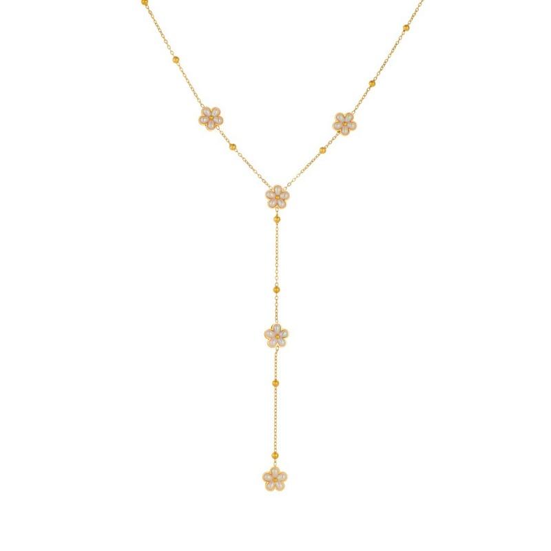 Gold Plated Stainless Steel Pink Flower Lariat Necklace for Women