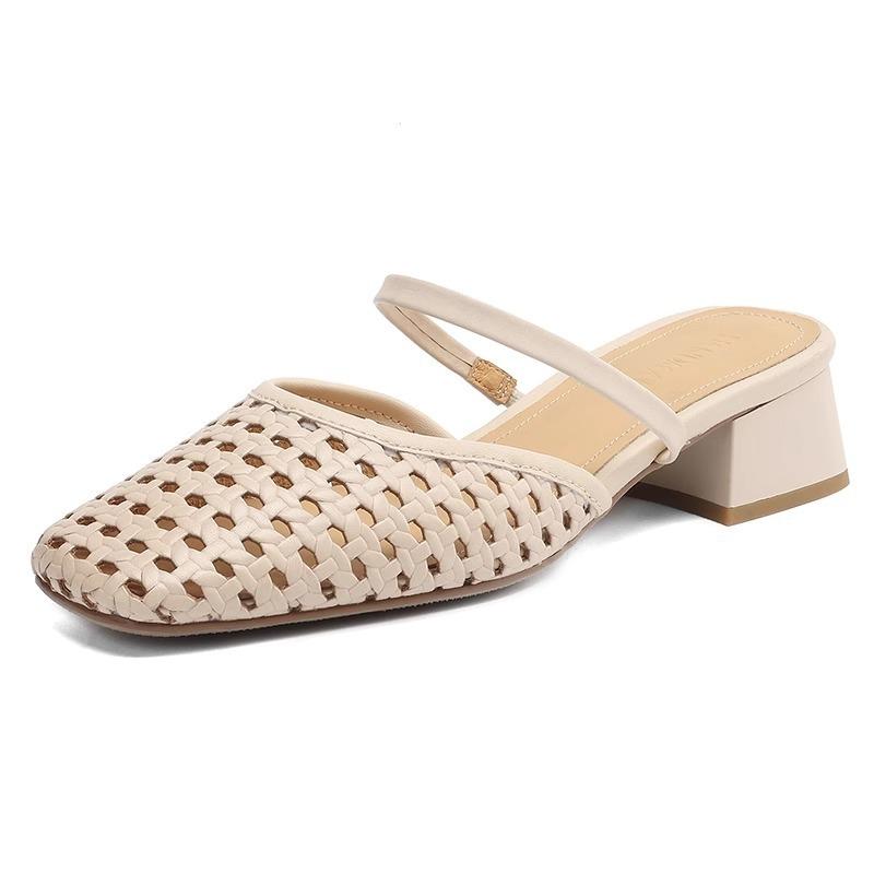 Women's Shoes Square-toed, Flip-top Half-slipper Thick-heeled Retro Woven Hollowed-out Sandals