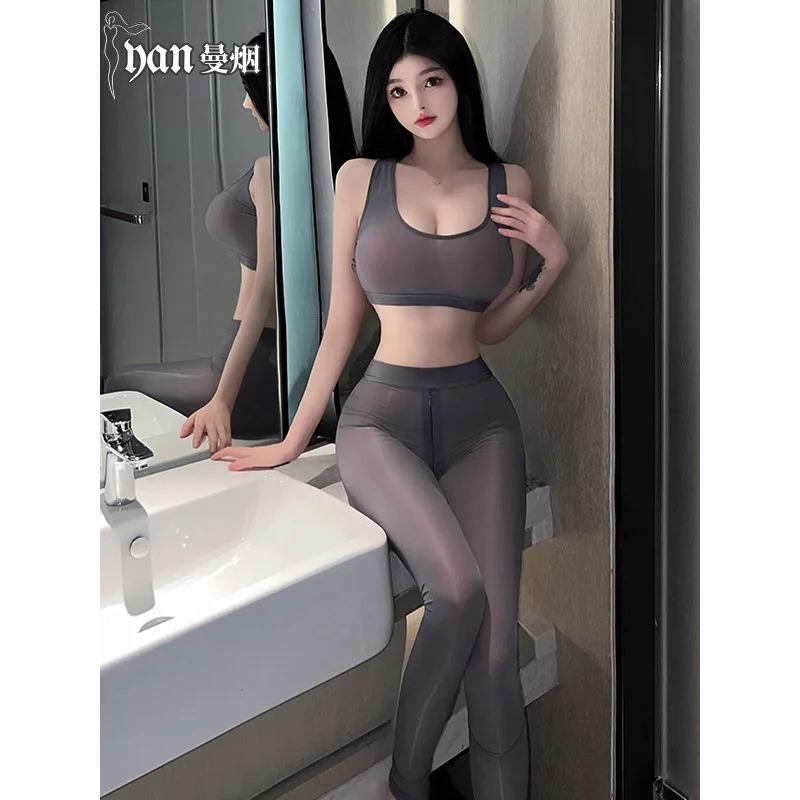 Sexy Ice Silk Zipper Design Sense Silk Pantsuits Erotic Charm Slim Thin Soft Elegant Mature Passion Waist Exposed Design Z9AE