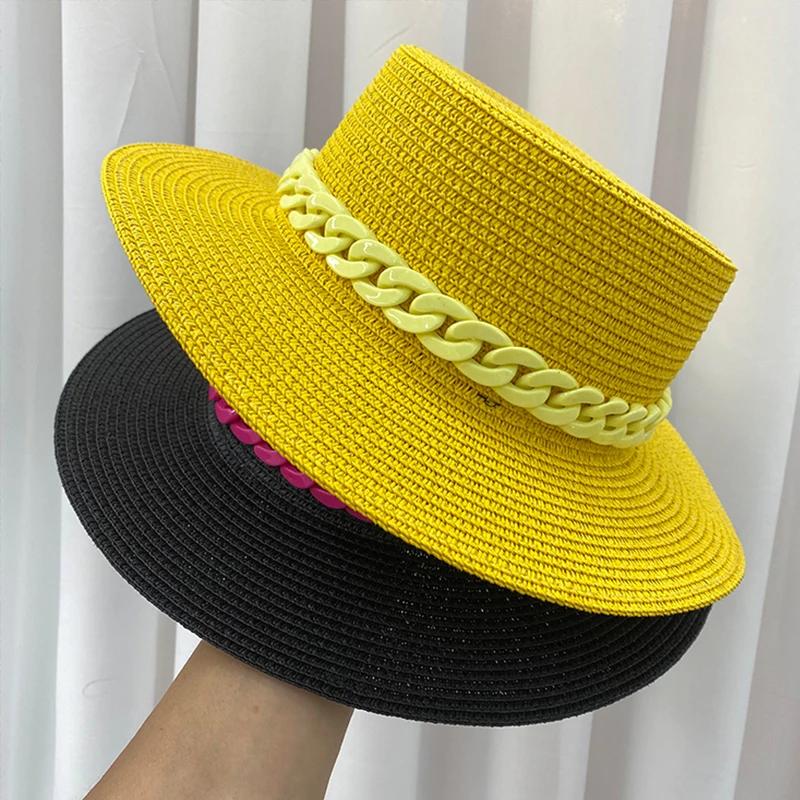 Nieuwe Kleur Ketting Platte Top Unisex Jazz Strooien Hoed Buiten Vrouwen Zeevakantie Zon Strand Hoeden Mode Zomer Panama Emmer Hoed