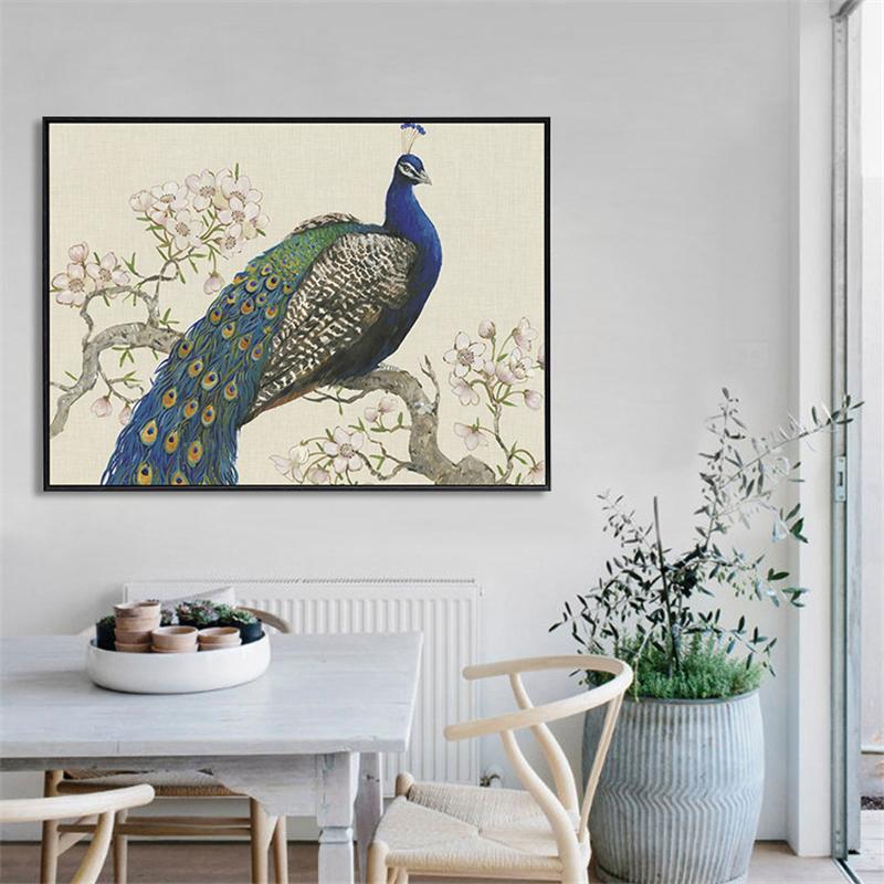 Elegant Arts Blue Peacocks On Tree Pink Flower Traditional Chinese Pastoral Canvas Painting Wall Posters for Home Decor