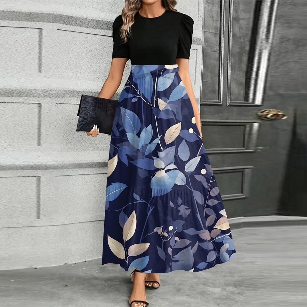 Damen Modisches Lässiges Gürtel Kurzärmeliges Rundhals Print Elegantes Temperament Kleid