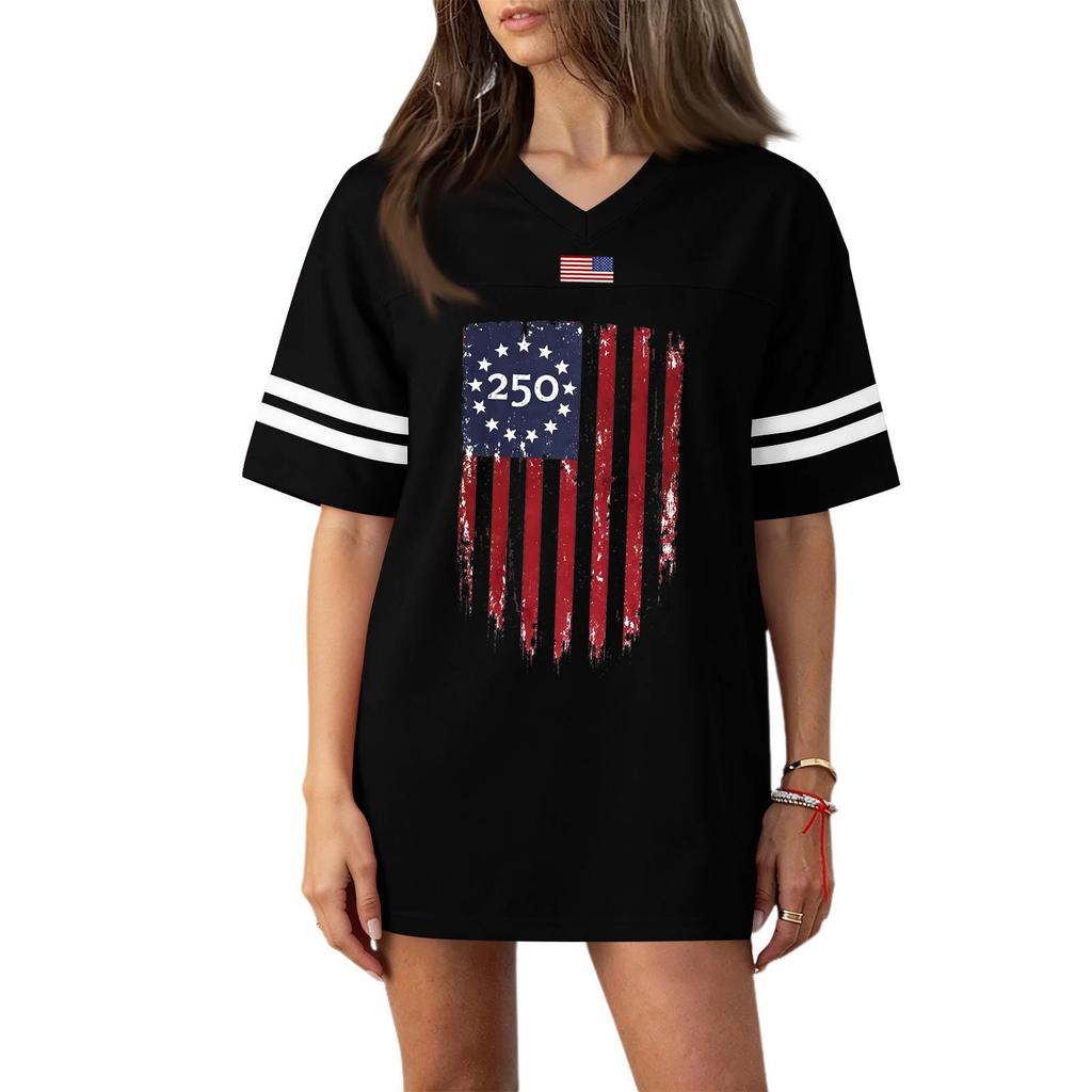 Women's Casual Fashion V-Neck Sports Independence Day Print Short Sleeve Sports T-Shirt Top