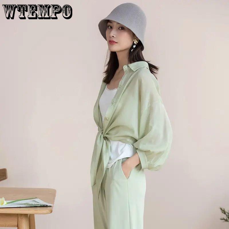 WTEMPO Summer Half Sleeve Button Up Shirts Loose Casual Blouses Solid Chiffon Shirts Women Tied Waist Elegant Blouses
