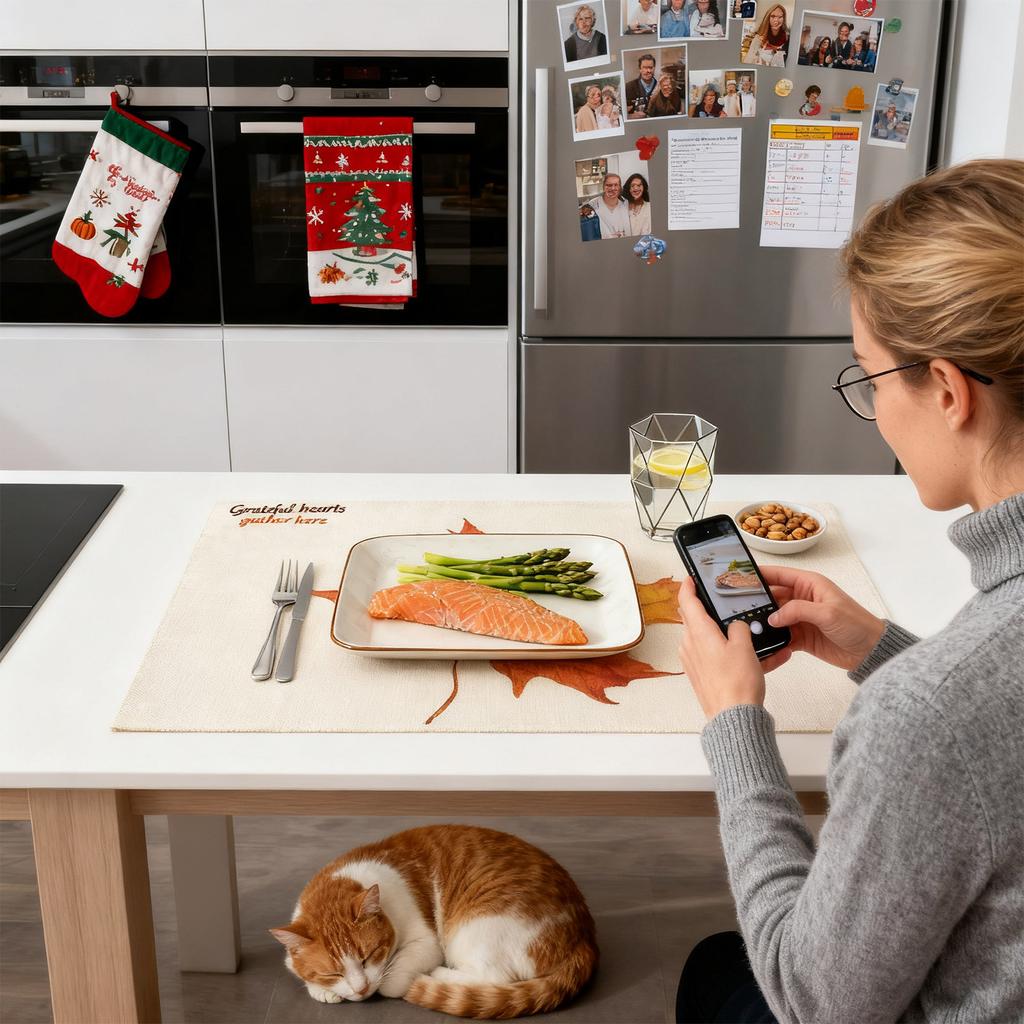 Přizpůsobené Vyšívané Díkůvzdání Lněné Prostírání a Ubrousky s Potiskem Javorového Listu a Dýně