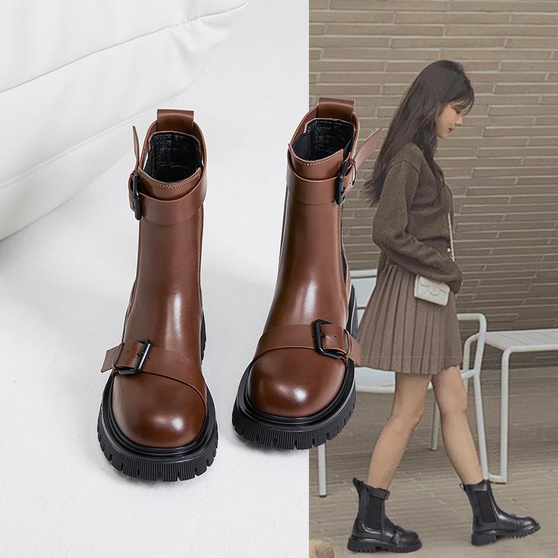 Skinny Martin Boots Women's 2025 New British Smoke Boots Non-slip Thick-soled Leather Chelsea Short Boots Single Boots