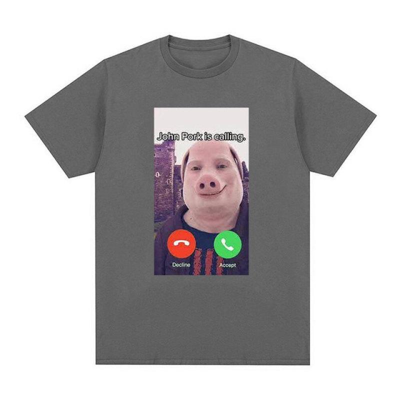 John Pork Is Calling Lustiges Antwort-Anruf-Telefon-T-Shirt Humor Schwein Meme Design Grafik-T-Shirt Niedliche Tierliebhaber übergroße T-Shirts