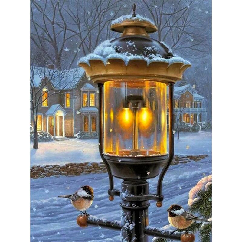 Pictură cu diamant 5D DIY Lampă stradală Broderie cu diamante Scenă de zăpadă Cusatura de cruce Burghiu rotund complet Artizanat Decor cadou