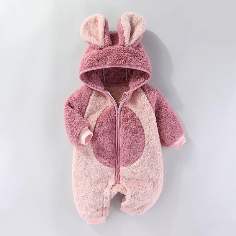 Zimní overal s dlouhým rukávem pro miminka, chlapce a dívky, kreslený dětský overal, kombinéza, dětské oblečení s kapucí, plyšový, teplý, kojenecké body