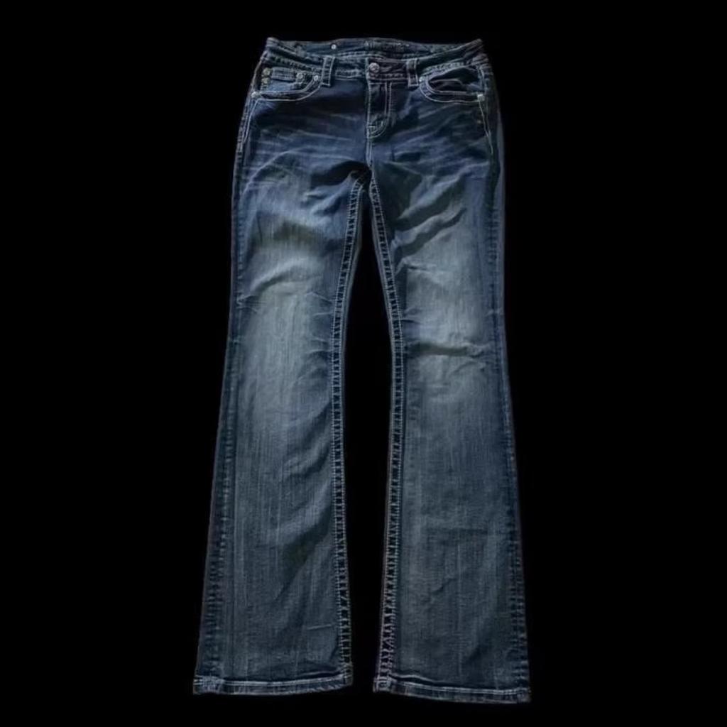 ZYLLO Jeans American Retro Slim a Zampa Donna Y2k Harajuku Gotico Vintage Tasca Ricamata Pantaloni in Denim Blu Vita Bassa Gamba Larga Pantaloni